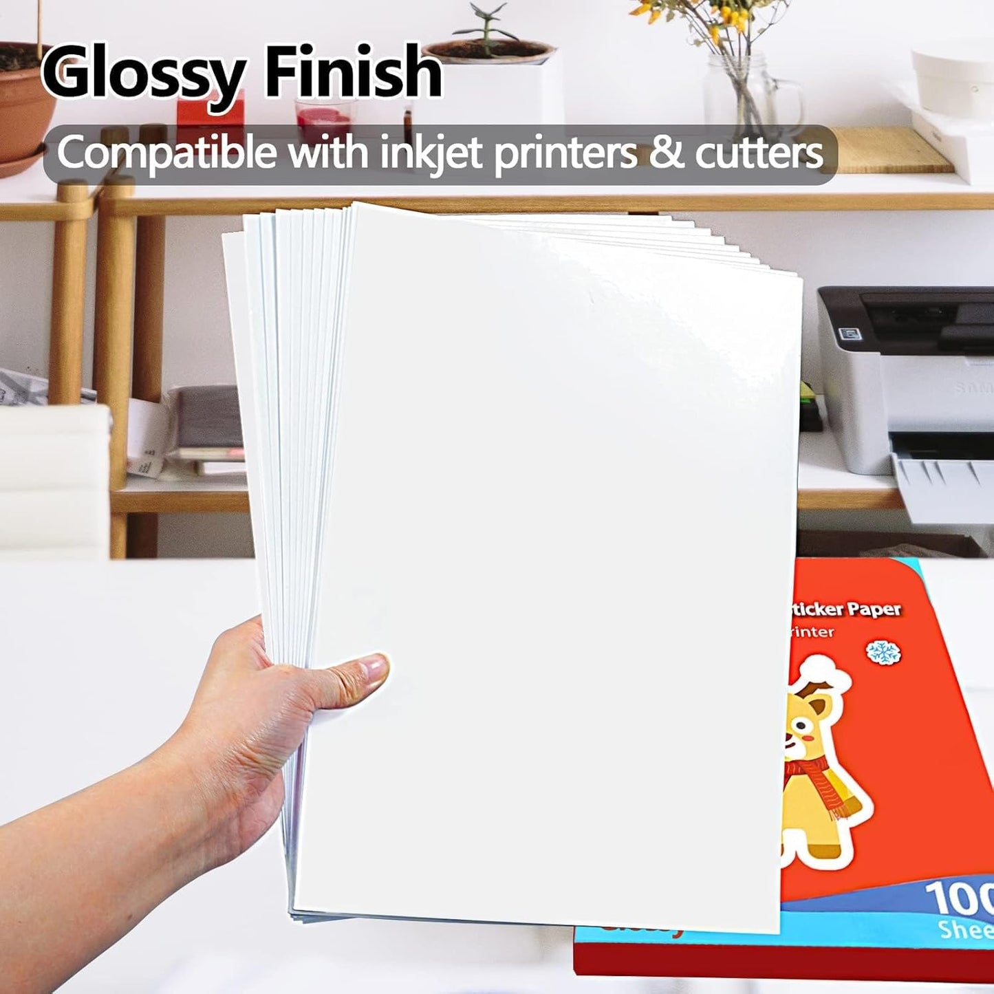 Lzerking Glossy Printable Vinyl Sticker Paper for Printer - 100 Sheets White Quick-Drying Waterproof, for Inkjet & Laser Printers, Compatible with Cricut for Small Business DIY Crafts 8.5x11in