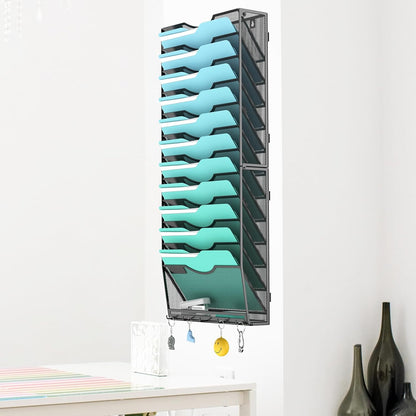 Gawerk 10-Tier Wall File Organizer Hanging Wall File Holder Wall Mount Paper Folder Organize, Mesh Magazine Document Mail Organizer Wall Organizer for Office School Home, Black