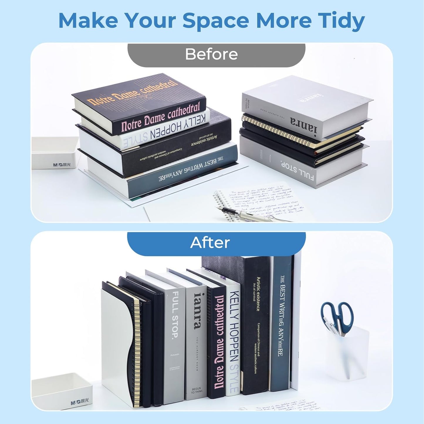 M&G Adjustable Bookends Book Ends for Shelves, Metal Bookend for Heavy Books, Desk Magazine File Organizer Holder Extends up to 20in, Book Stopper for Home, Office, Classroom (Black)