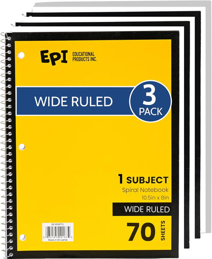 EPI Spiral Notebook | Wide - 70 Sheets, Durable Spiral Binding | 10.5 x 8 in | Classroom Supplies | School, Office, Note Taking, Journaling - 12 Pack