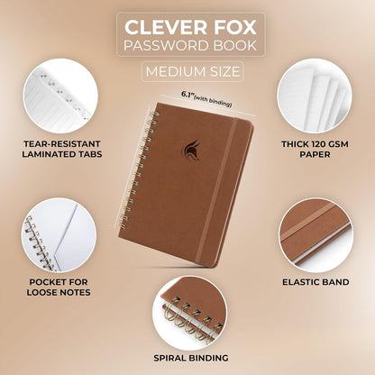 Clever Fox Password Book Spiral – Internet Address & Password Organizer with Laminated Alphabetical Tabs – Password Keeper Journal – Hardcover, Medium Size, 6.1x7.7” (Mystic Blue)