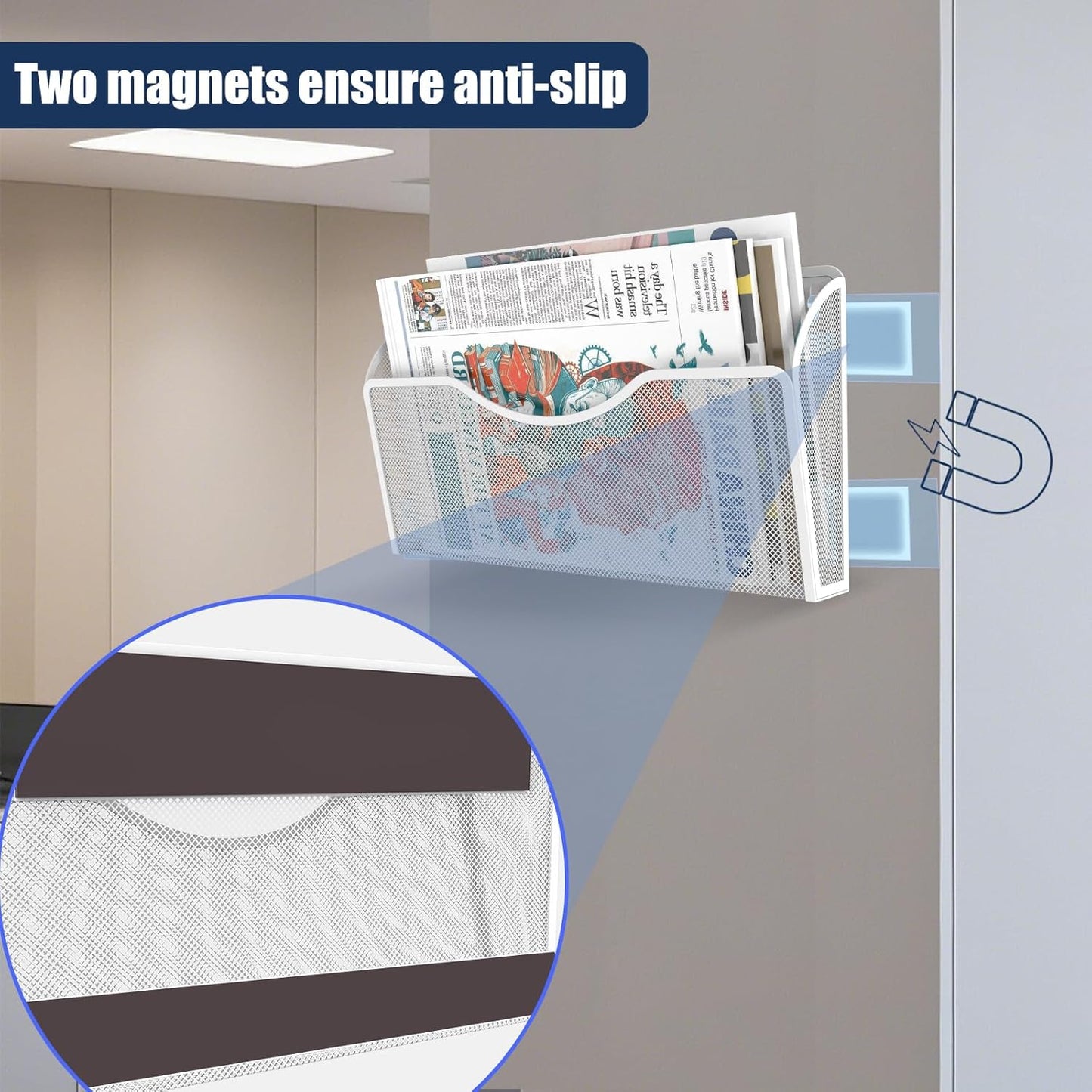 Magnetic File Holder 3 Pockets File Folder Organizer, Office Hanging Magazine Rack for File Cabinets, Magnetic Paper Holder, No Drilling Mail Organizer for Refrigerator, Whiteboard, Office, Kitchen