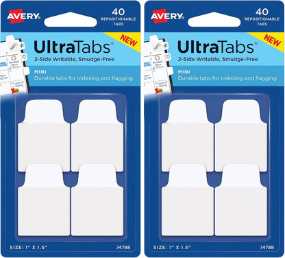 Avery Mini Ultra Tabs, 1" x 1.5", 2-Side Writable, White, 40 Repositionable Tabs (74788)