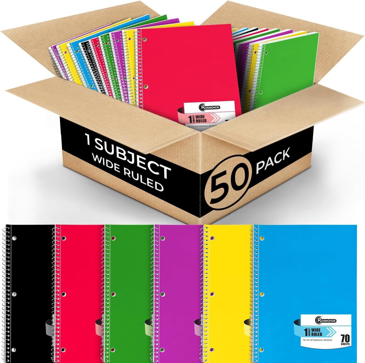 Rosmonde Spiral Notebooks, 24 Pack, 1 Subject Notebook, Wide Ruled, 70 Sheets, 8 x 10-1/2", 3 Hole Punched, School Supplies, Bulk Single Subject Spiral Notebook Bulk, Assorted Colors Pack of Notebooks