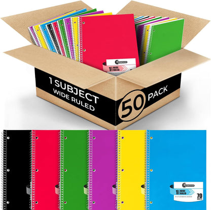 Rosmonde Spiral Notebooks, 24 Pack, 1 Subject Notebook, Wide Ruled, 70 Sheets, 8 x 10-1/2", 3 Hole Punched, School Supplies, Bulk Single Subject Spiral Notebook Bulk, Assorted Colors Pack of Notebooks