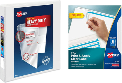 Avery 5 Tab Dividers for 3 Ring Binder, Easy Print & Apply Clear Label Strip, Index Maker Customizable White Tabs, 25 Sets (11446)