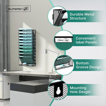 SUPEASY 10-Tier Wall File Organizer, Hanging Wall Files for Papers, Folders, Magazines, Clipboard, Wall Organizer for Office Home School Classroom, Black