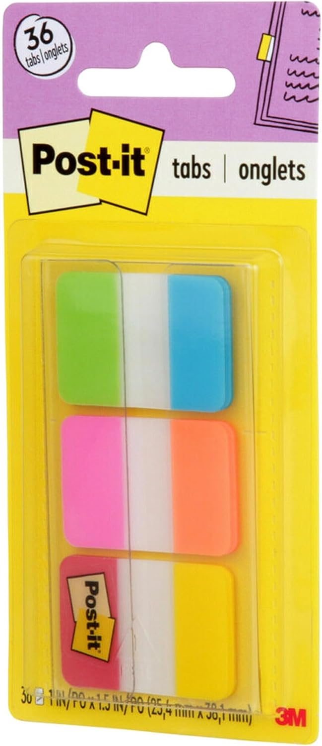 Post-it Tabs, 1 in Solid, Aqua, Yellow, Pink, Red, Green, Orange, 6/Color, 36/Dispenser (686-ALOPRYT)