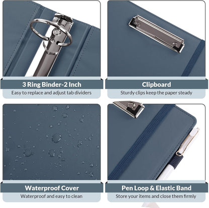 SKYDUE 3 Ring Binder with Clipboard,1 Inch Binder, 13.2" × 10.2" PU Clipboard Binder with Notepad & 5 Dividers with 5 Pockets, Labels, Clipboard Folder Great for School Office(Fit Letter Sized Paper)