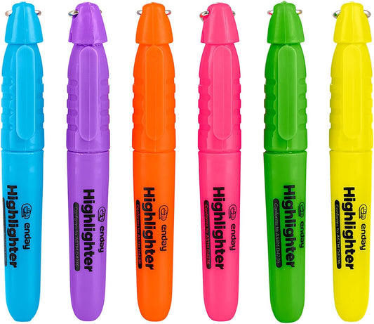 Enday Highlighter Assorted Colors, Mini Colored Highlighters Chisel Tip, Cap with Clip & Keychain Ring, Fluorescent Yellow, Green, Red, Blue, Orange, Purple