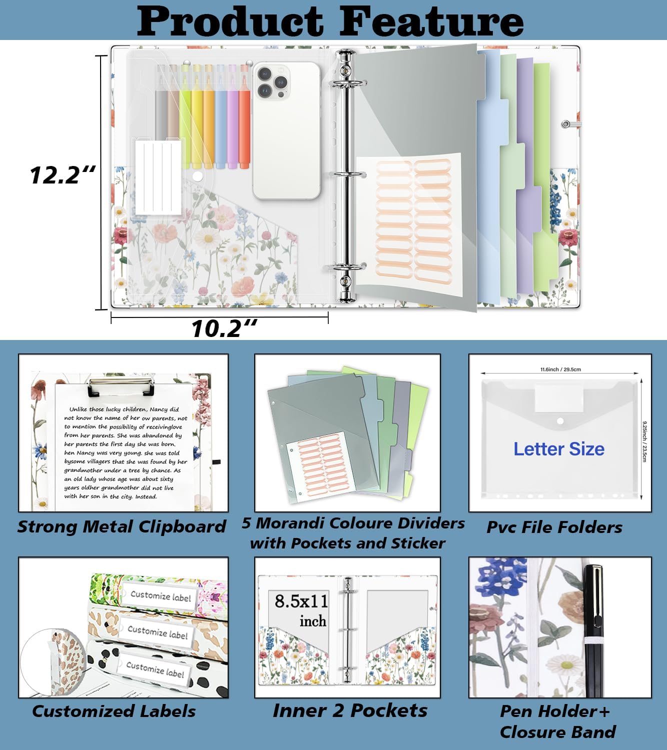 3 Ring Binder 1 Inch, Three Ring Binders Organizer with Clipboard, 5-Tabs Pockets Dividers, Plastic Folder, 18 Divider Stikers, BVSSX Pretty Binder with Pen Loop (Black Weeds, Letter Size)