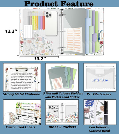3 Ring Binder 1 Inch, Three Ring Binders Organizer with Clipboard, 5-Tabs Pockets Dividers, Plastic Folder, 18 Divider Stikers, BVSSX Pretty Binder with Pen Loop (Black Weeds, Letter Size)