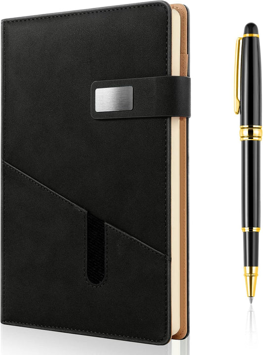 A5 Lined Leather Journal with Pen, 240 Pages Refillable Hardcover Notebook with Pocket and Magnetic Buckle, 80gsm Thick Daily Diary for Men and Women, Great Gift for Business School Travel Personal -