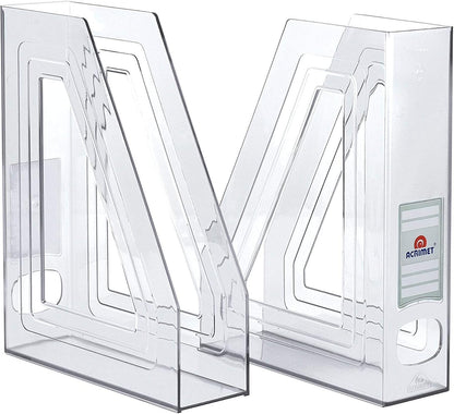 Acrimet Magazine File Holder Bin Storage, Vertical Rack for Documents, Folders and Mail, Durable Plastic Desk Organizer for Office & Home (Clear Crystal) (2 Pack)