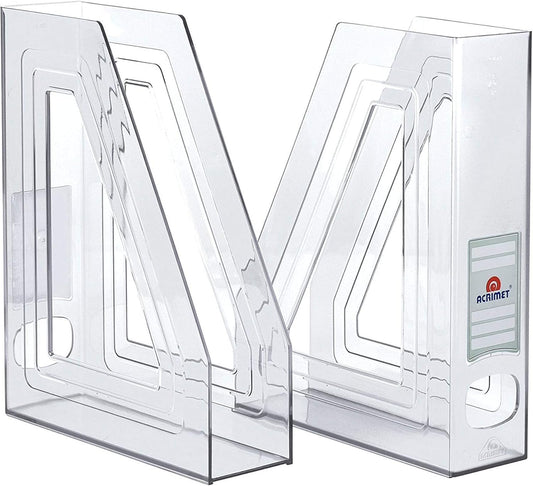 Acrimet Magazine File Holder Bin Storage, Vertical Rack for Documents, Folders and Mail, Durable Plastic Desk Organizer for Office & Home (Clear Crystal) (2 Pack)