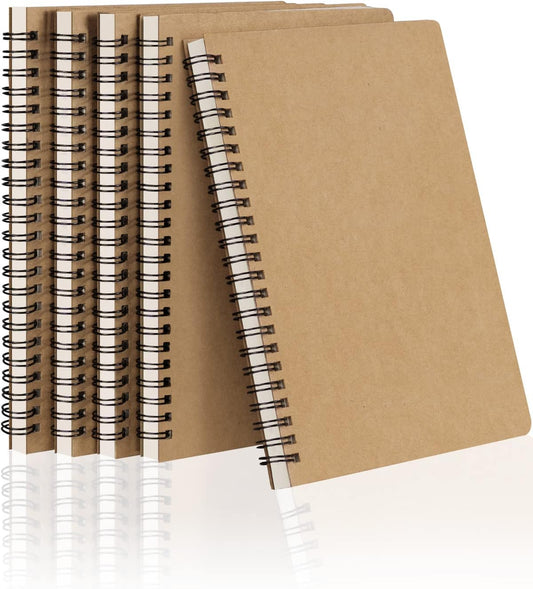 Dynta Spiral Notebooks A5 Lined 5Pcs College Ruled Journals Bulk Thick Paper for Work, Study, Notes Taking, Gifts 120 Pages/60 Sheets Kraft Brown