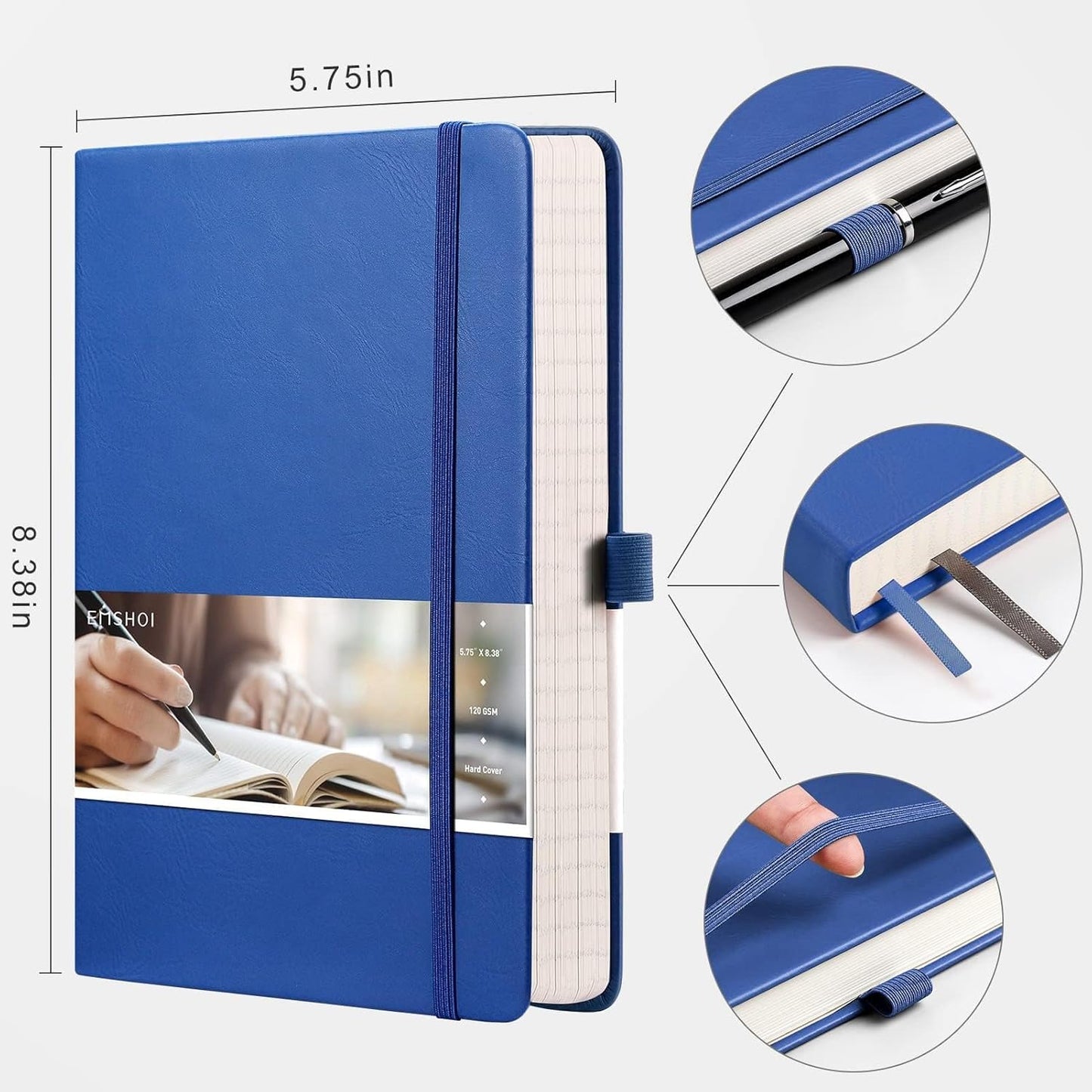 EMSHOI Graph Paper Notebook - 256 Pages A5 Graph Notebook/Journal, Hard Cover, 120gsm Thick Paper, Smooth PU Leather, Inner Pocket, 5.75'' × 8.38''-Black