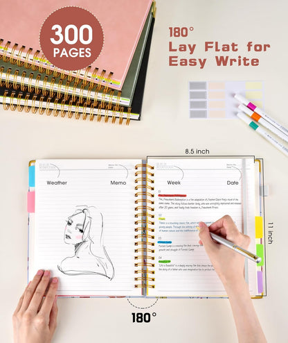 Hardcover Spiral Notebook Journal with Removable Dividers Tabs, 300 Pages Leather 5 Subject Notebook College Ruled, 8"x10" Large B5 Notebooks for Work School Note taking, Lined Journal for Women, Pink