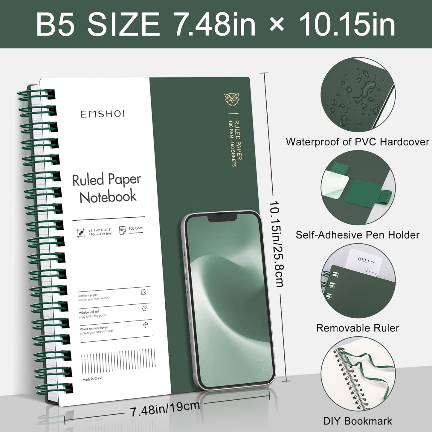 EMSHOI A5 Spiral Notebook College Ruled Lined Journal, Small 5.7" X 8.22", 300 Pages/150 Sheets, 100gsm Thick Paper, Waterproof Hardcover, for Office School Women Men Work Writing Notes, Blue