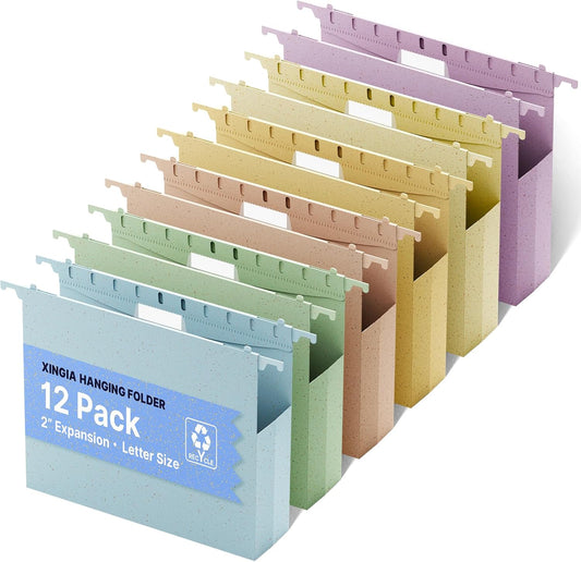 XINGIA Wheat Straw Plastic Hanging File Folders Letter Size, 2'' Expansion Extra Capacity Filing Cabinet Folders with Tabs, 12 Pack Reinforced Accordion File Organizer for Office School(Morandi Blue)