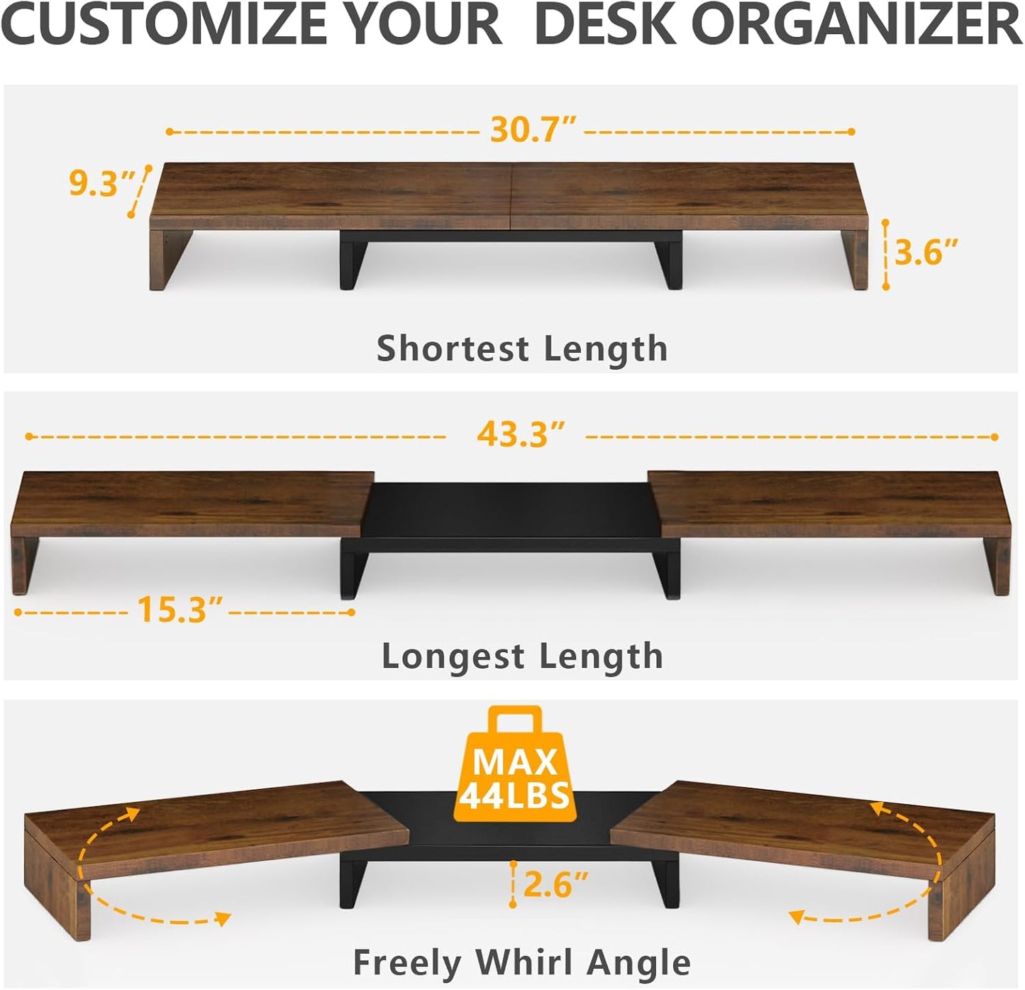 TAVR Dual Monitor Stand Riser Office Desktop Organizer Stand for 2 Monitors, Adjustable Length and Angle 3 Shelf, Extra Long Multifunctional Wooden Stand up to 43.3" fit Computer, Laptop, TV, Black