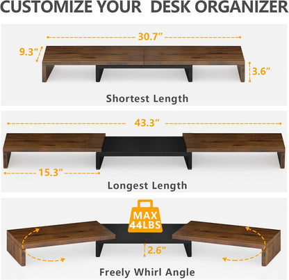 TAVR Dual Monitor Stand Riser Office Desktop Organizer Stand for 2 Monitors, Adjustable Length and Angle 3 Shelf, Extra Long Multifunctional Wooden Stand up to 43.3" fit Computer, Laptop, TV, Black