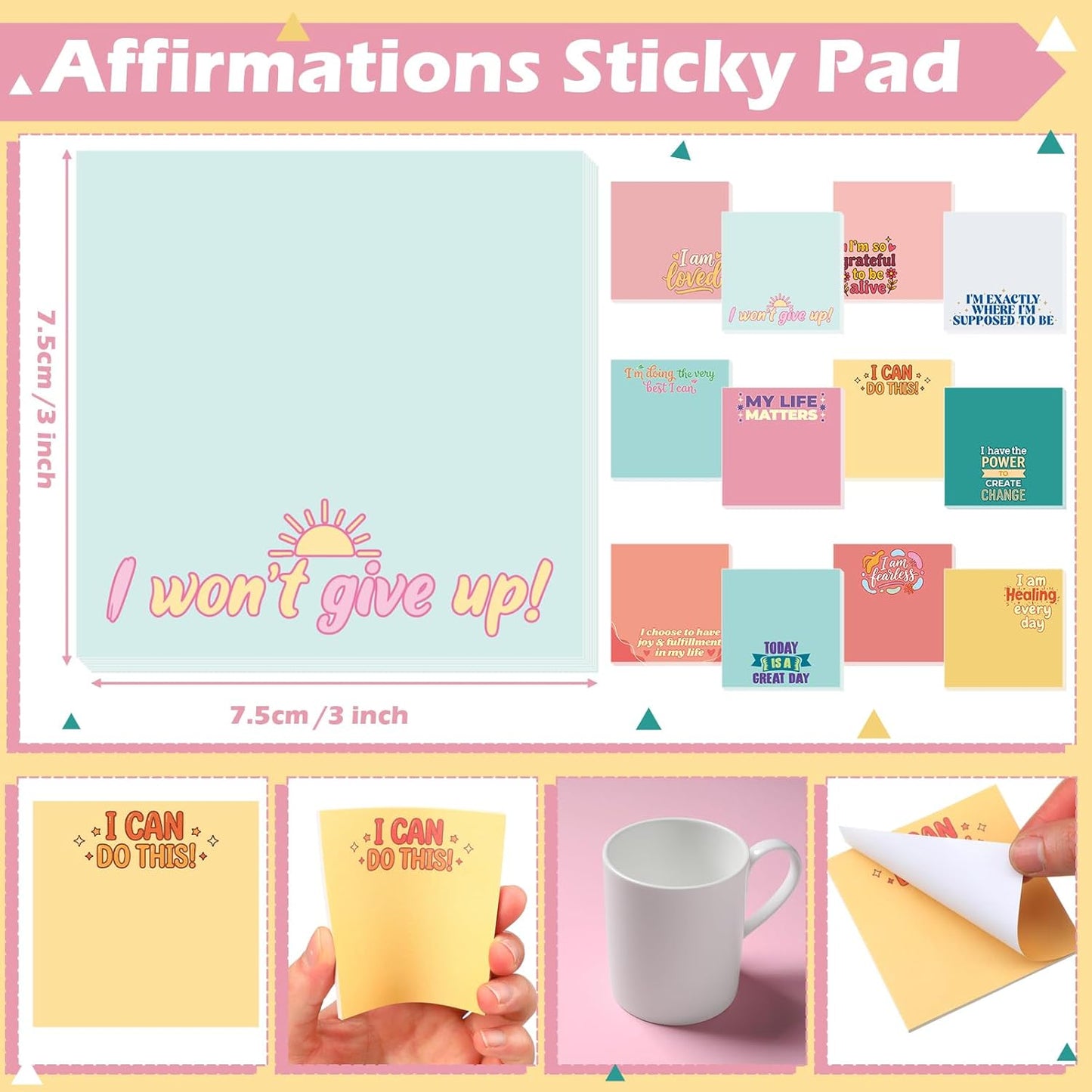 Yinder 48 Pcs Inspirational Sticky Notes Cute Motivational Sticky Notes Pad End of Year Employee Appreciation Gifts Bulk for Teacher Nurse Coworkers Office Supplies 3 x 3'' (Thank You,Dark Color)