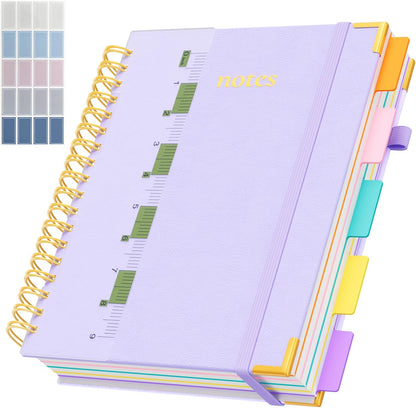 Line Hardcover Spiral Notebook with Removable Dividers Tabs & Ruler, 5 Subject Notebook College Ruled, 300 Page, Large 8"x10" B5 Notebooks for Work School, Lined Journal for Women & Men, Purple