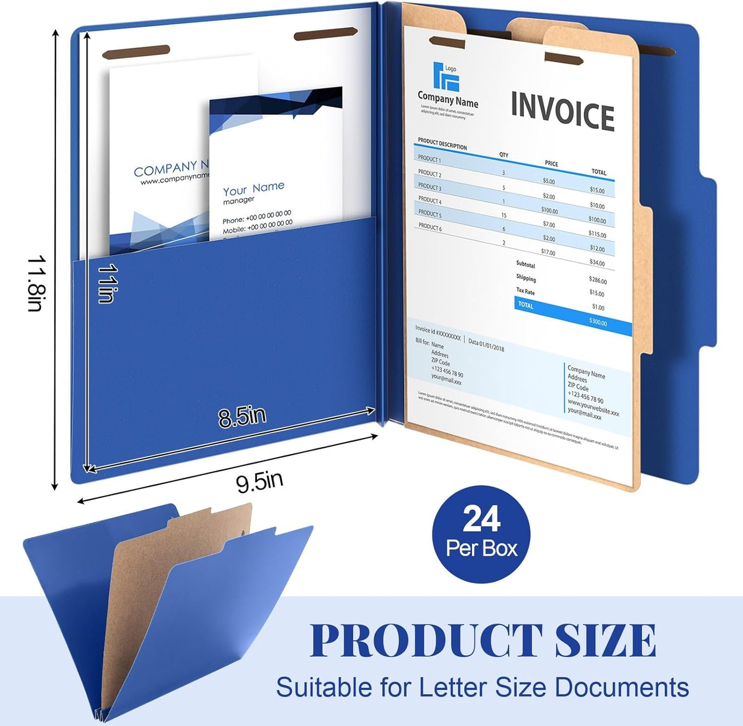 Skyygemm 12 Pcs Classification Folders Letter Size, 1 Divider Blue Pressboard File Folder with 1 Pocket and Fastener, Expanding File Organizer Bulk for School Teachers, Office Employee, Coworker
