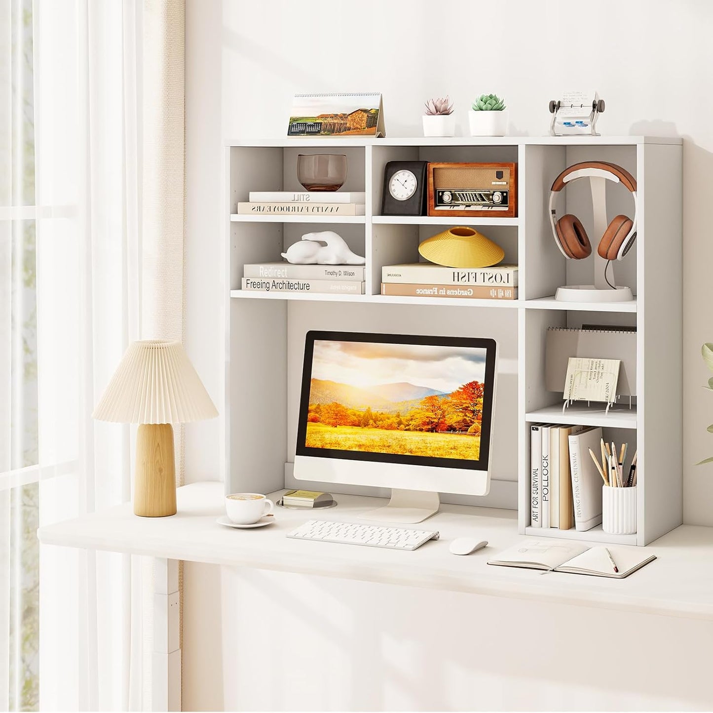 Tangkula Desktop Bookshelf, Countertop Storage Hutch with 5 Shelves for Computer Desk, Desk 3-Tier Display Rack, Multipurpose Wood Desktop Hutch Storage Organizer for Dorm Office Home