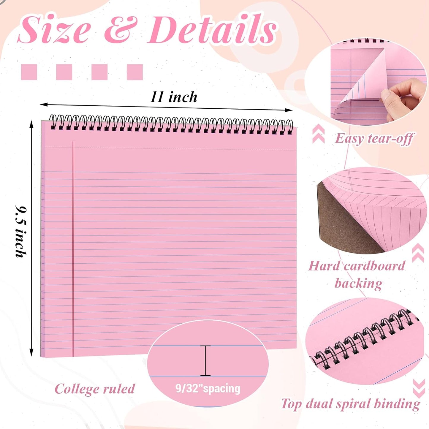 MotiMind 4 Pcs Legal Pads Landscape Notebooks Hole Punched Top Spiral Bound Notebooks 11 x 9.5 Inch College Ruled Drawing Notepad Tear Line for Removal 50 Sheet Office Steno Book(White)