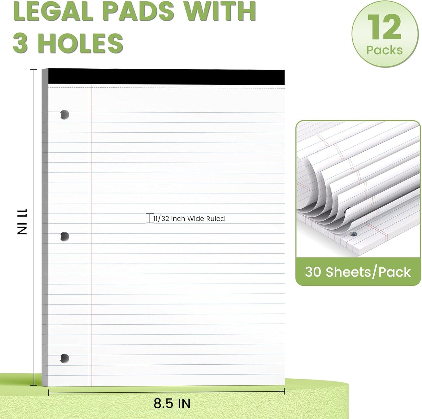 Legal Pads 8.5x11, White Notepads 8.5x11, Wide Ruled Lined with 3 Hole Punch, Loose Leaf Notebook Paper for 3 Ring Binders, 3 Pack, 30 Sheets/Pack, Perforate for School, Office, Home
