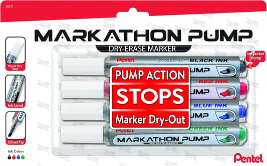 Pentel Markathon Pump Dry Erase Marker, Chisel Tip, Black Ink, 4 Pack (MWL6SXBP4A)