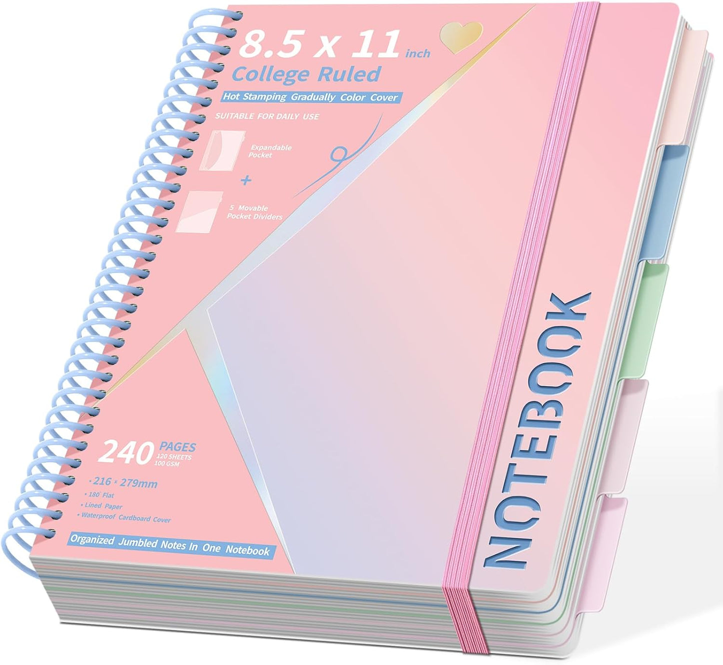 Hardcover Spiral Notebooks 8.5" X 11" Note Taking 5 Subject Notebook College Ruled with Dividers 240 Pages 100GSM Aesthetic Spiral Notebook for Work School Cute Journals for Women Writing