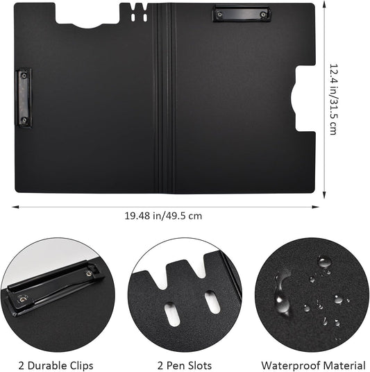 VANRA Clipboard Folder A4 File Cover Clipboards with Double Metal Clips, Plastic Foldable Binder Clipboard with Pen Holder for Office School Classroom (Black)