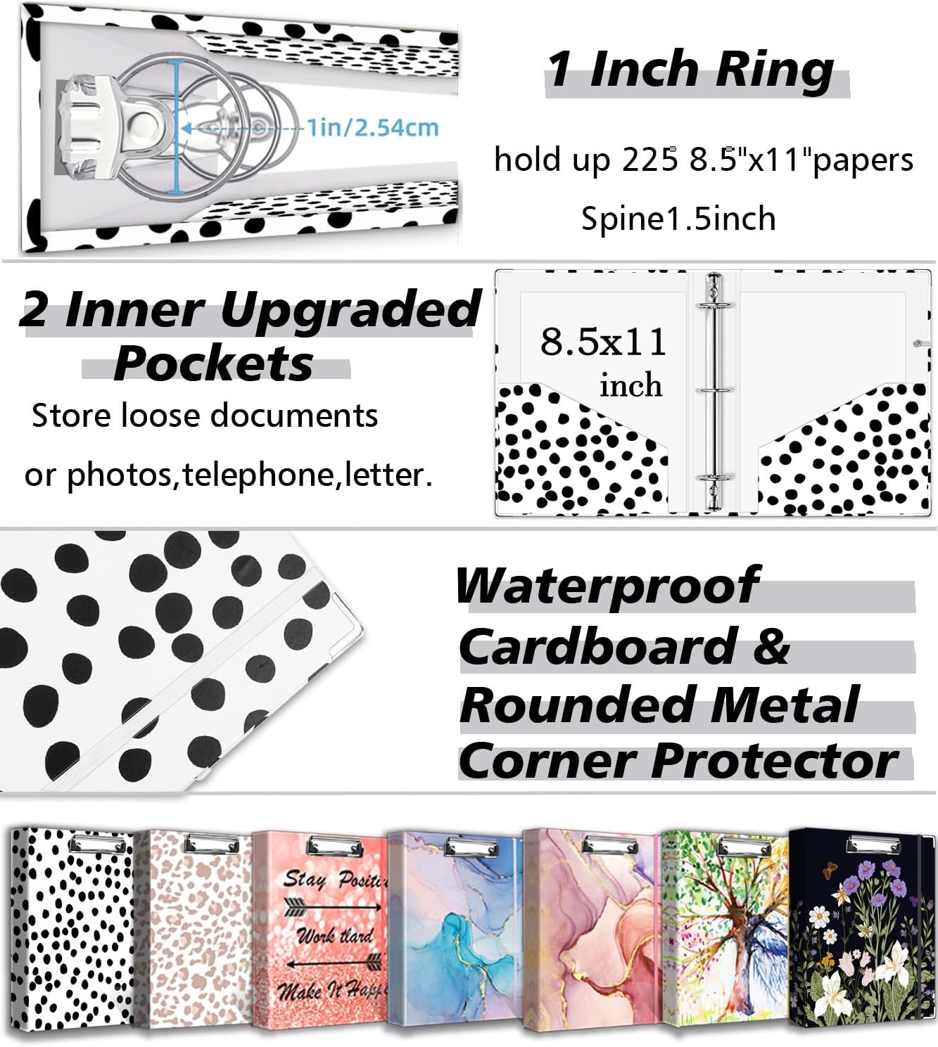 3 Ring Binder 1 Inch, Three Ring Binders Organizer with Clipboard, 5-Tabs Pockets Dividers, Plastic Folder, 18 Divider Stikers, BVSSX Pretty Binder with Pen Loop (Black Weeds, Letter Size)