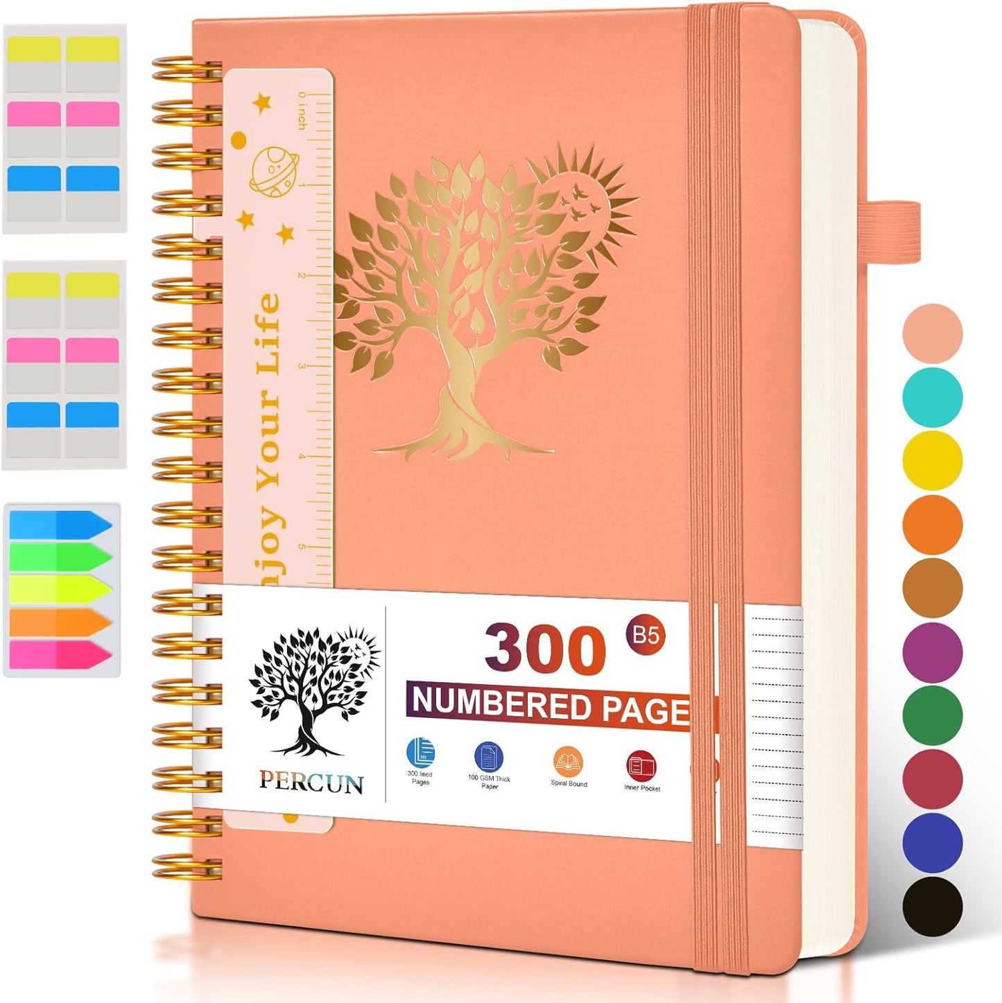 Spiral Notebook Journal for Women Men, 300 Numbered Lined Pages, College Ruled, A5 Hardcover Spiral Bound Notebook for School, Work, Note Taking Writing, Leather Spiral Journal Medium 5.9"x8.5"