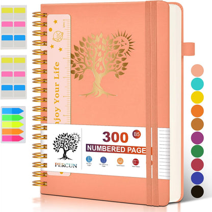 Spiral Notebook Journal for Women Men, 300 Numbered Lined Pages, College Ruled, A5 Hardcover Spiral Bound Notebook for School, Work, Note Taking Writing, Leather Spiral Journal Medium 5.9"x8.5"