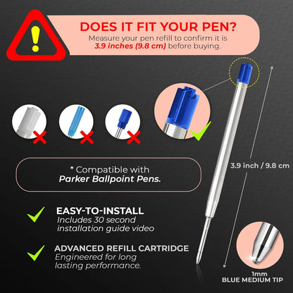 MESMOS 6 Pack 3.9 inch (9.8cm) Pen Refills Ballpoint, Compatible with Ballpoint Parker Pen, (Black Ink)