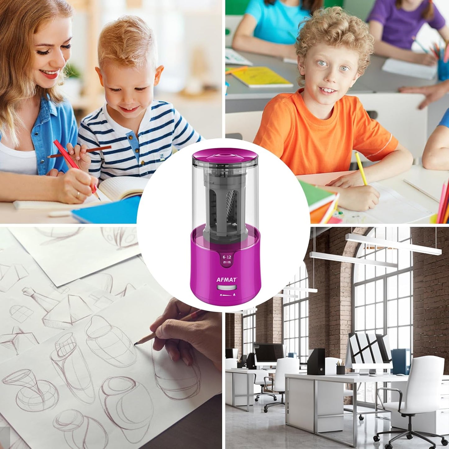 AFMAT Electric Pencil Sharpener, Auto Stop, Super Sharp & Fast, Electric Pencil Sharpener Plug in for 6-12mm No.2/Colored Pencils/Office/Home PS94