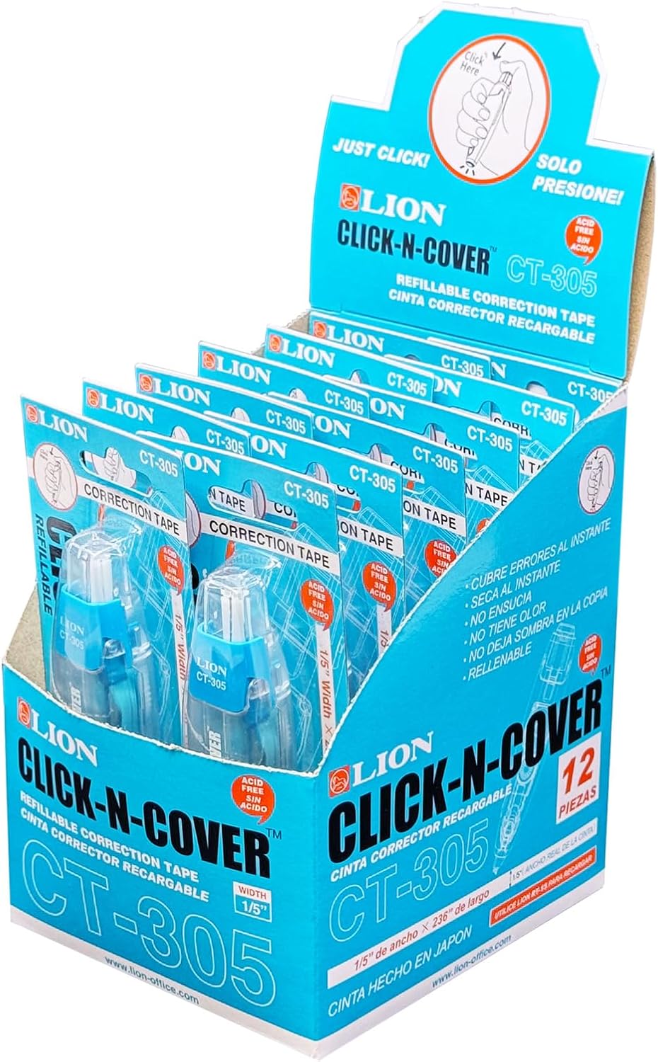 LION CLICK-N-COVER Refillable Correction Tape, Retractable Tip, 1/5" wide and 236" long, Acid-Free, 1 ea. (CT-305)