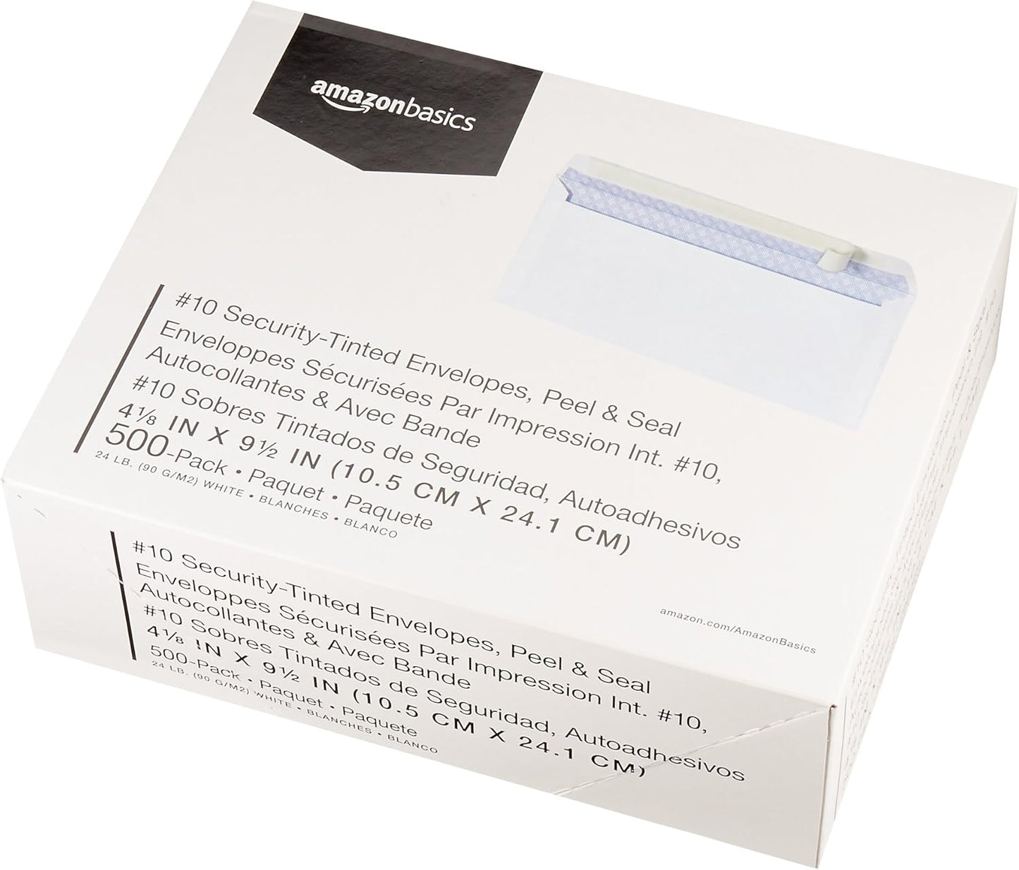 Amazon Basics #10 Security Tinted Business Envelopes for Documents and Invoices, Quality Seal, 4-1/8" x 9-1/2", White, Pack of 500