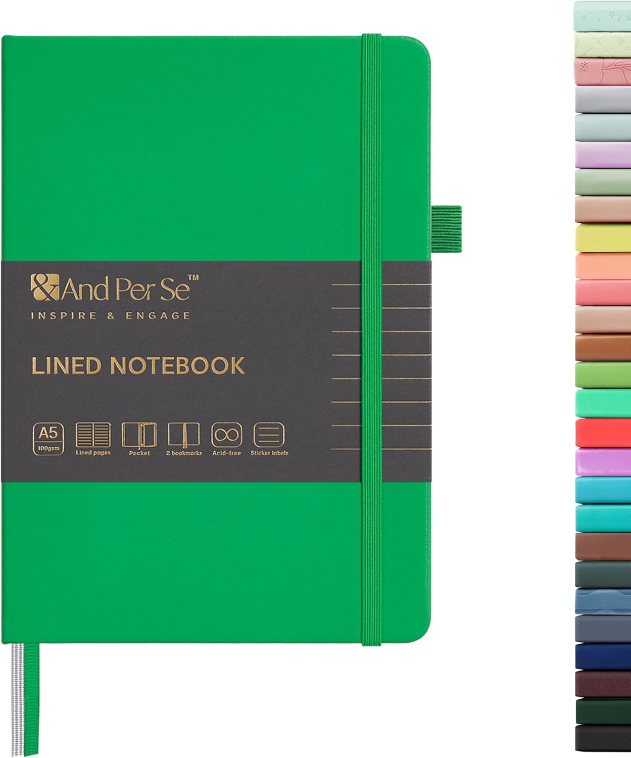 &And Per Se Lined Journal Notebook, 160 Pages, A5 5.7 x 8 inches College Ruled Thick Paper Notebook Journals for Writing, Hardcover Notebooks for Women Men Office School (1 Pack, Green) - Colors B