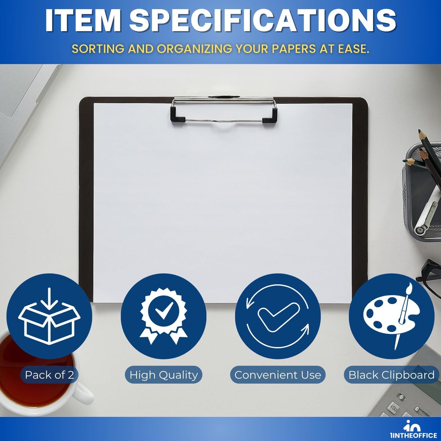 1InTheOffice Landscape Clipboard, Black Horizontal Clipboard, 8.8 x 12.4-inch, 2 Pack