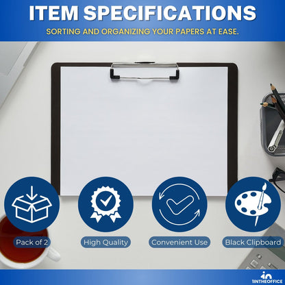 1InTheOffice Landscape Clipboard, Black Horizontal Clipboard, 8.8 x 12.4-inch, 2 Pack