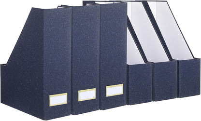 Gueevin Set of 6 Magazine File Holder Stylish Sturdy Cardboard File Boxes Desk Magazine Organizer Rack with Gold Label Holder to Organize Your Desk or Shelves for Home Classroom Office Library(Blue)