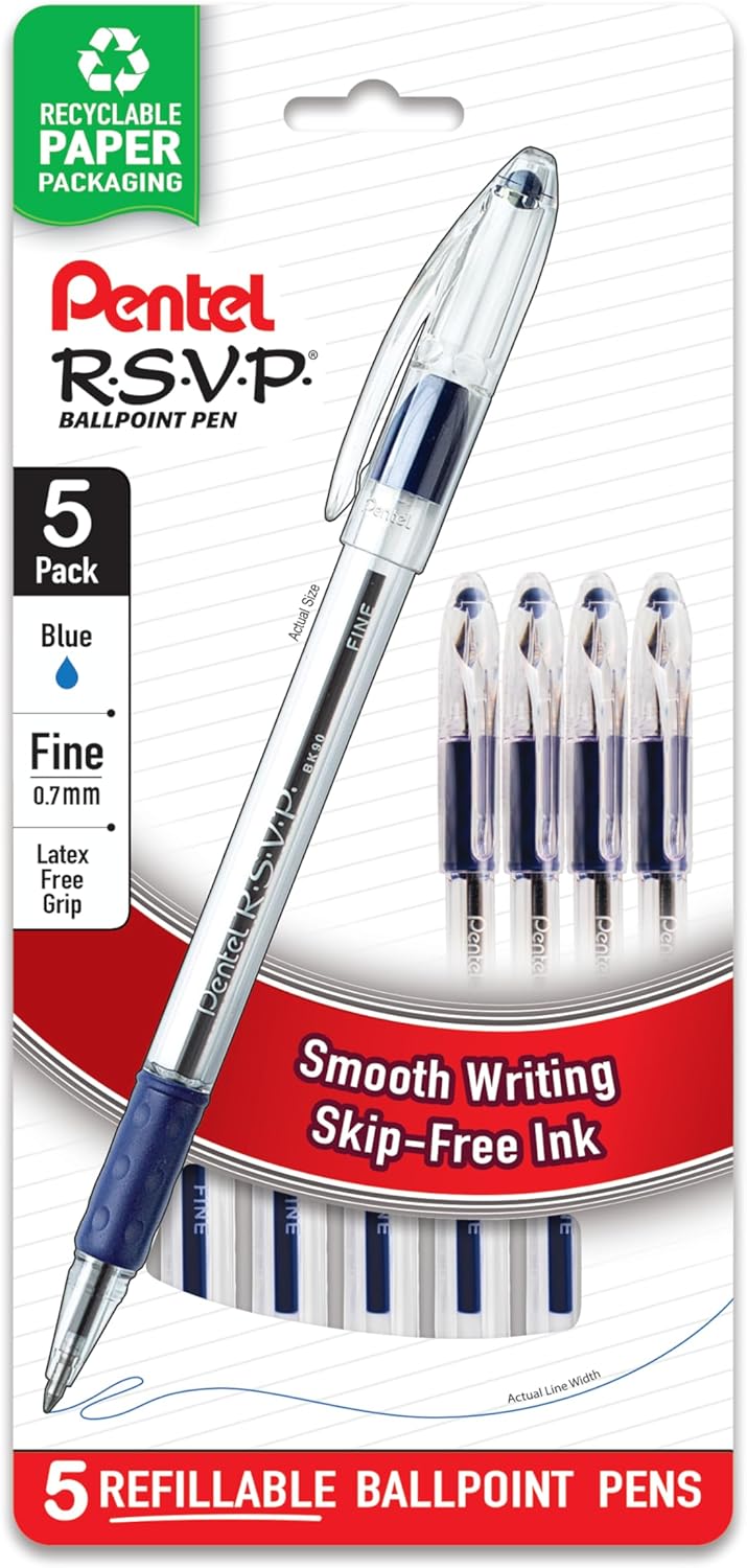 Pentel RSVP Ballpoint Pen, (0.7mm), Fine Line, Black Ink, Pack of 5 (BK90PF5A)