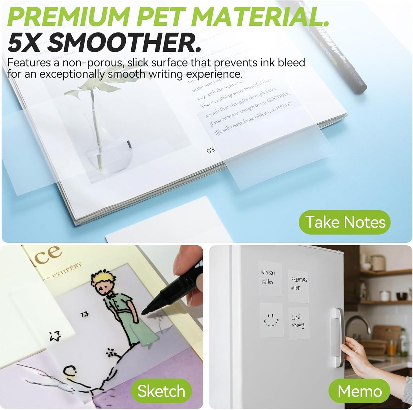 6 Pads Transparent Sticky Notes with Sticky Tabs, Tecolu 3x3 inch Clear Sticky Notes【Waterproof, 5X Adhesive Strength】, See-Through Translucent Sticky Notes for School Office Bible Study Supplies
