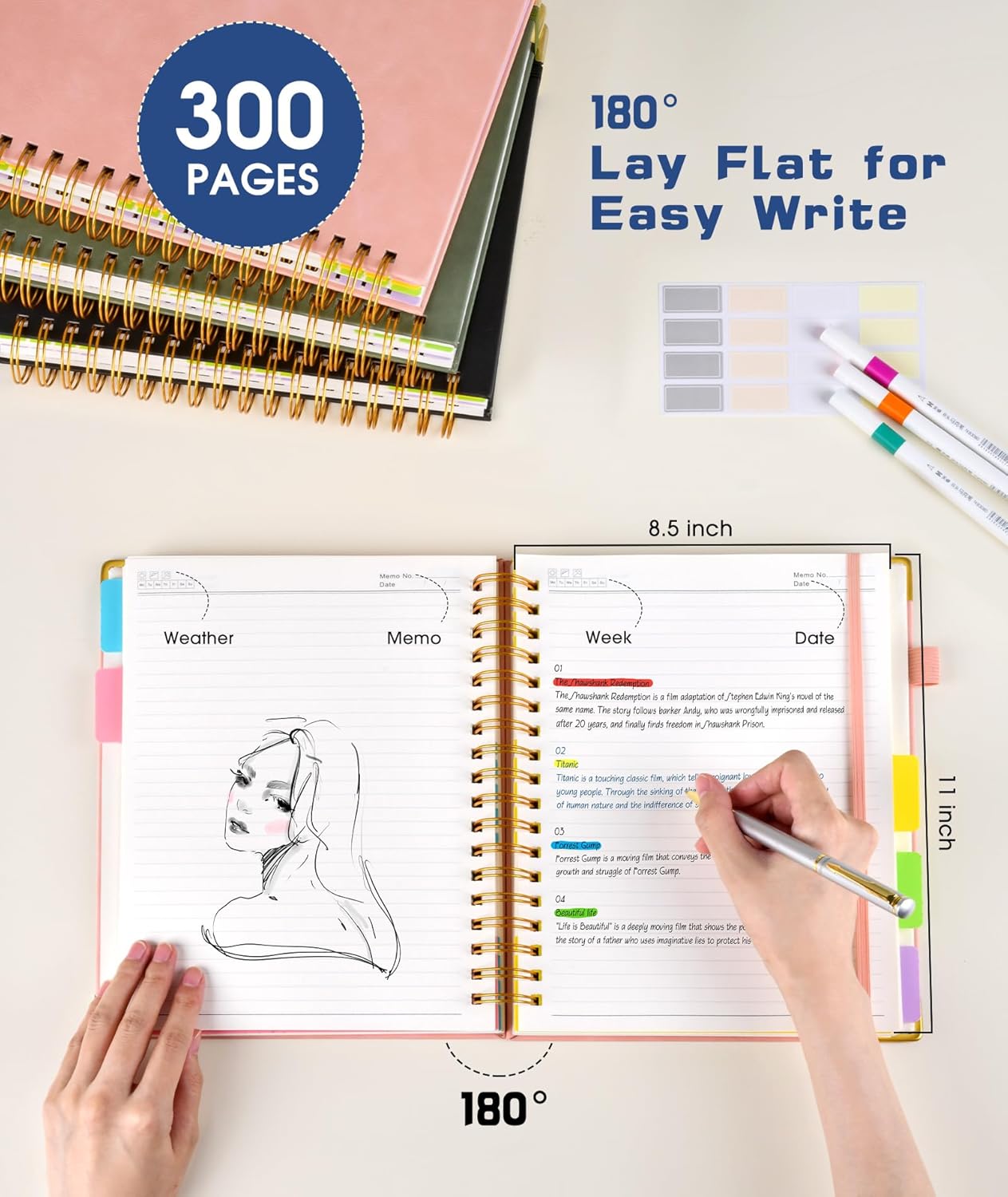 Hardcover Spiral Notebook Journal with Removable Dividers Tabs, 300 Pages Leather 5 Subject Notebook College Ruled, 8"x10" Large B5 Notebooks for Work School Note taking, Lined Journal for Women, Pink