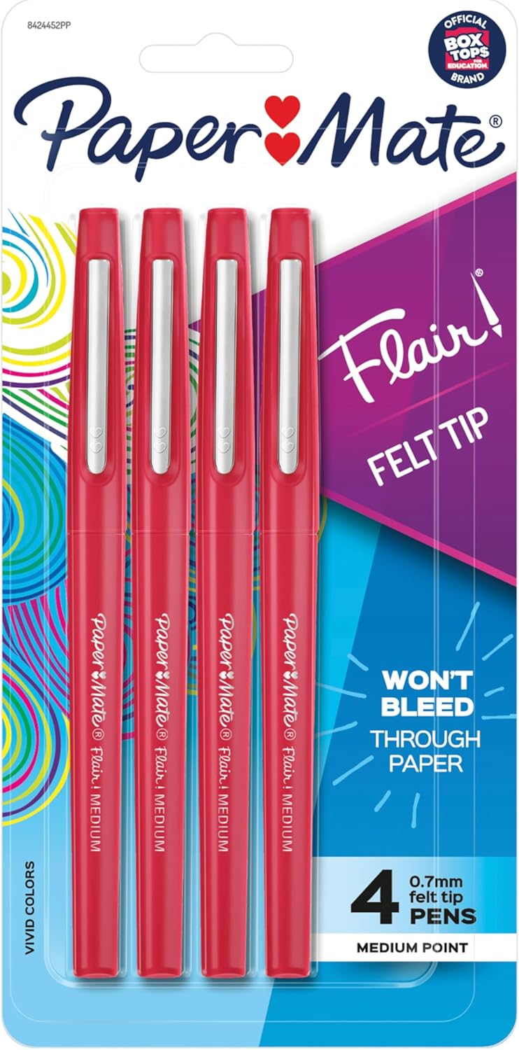 Paper Mate Flair Felt Tip Pens, Medium Point (0.7mm), Red, 4 Count